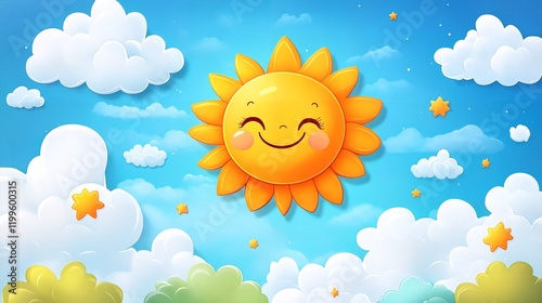 Happy sun smiling at clouds and stars.