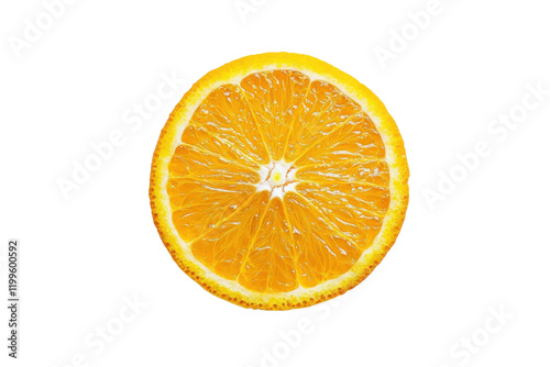 Freshly cut orange slice displaying vibrant color and texture on a clean white background photo