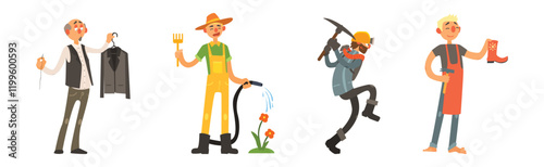 Funny Man Character Engaged in Different Occupation Vector Set