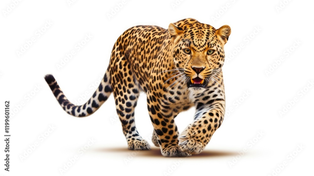 Wild Leopard Running on White Background – Majestic Big Cat in Action Wild Leopard Running on White Background – Majestic Big Cat in Action