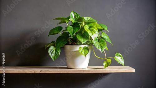 A potted heartleaf philodendron plant on a wooden shelf against a dark grey wall