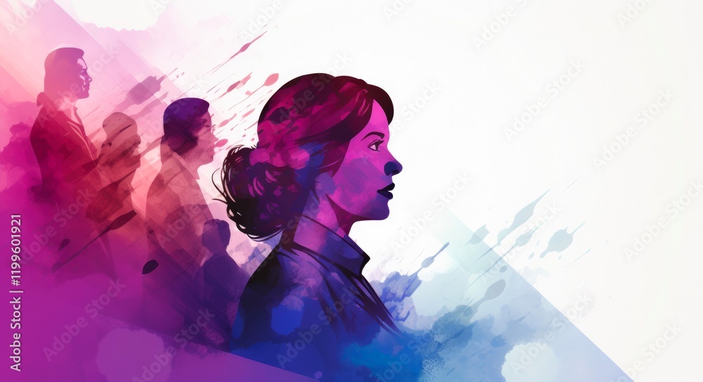 Obraz premium Women's History Month: Watercolor Style Generative AI Illustration featuring Women's Profile Silhouettes for Banners, Posters, Backgrounds, and Wallpapers - 16:9 Aspect Ratio