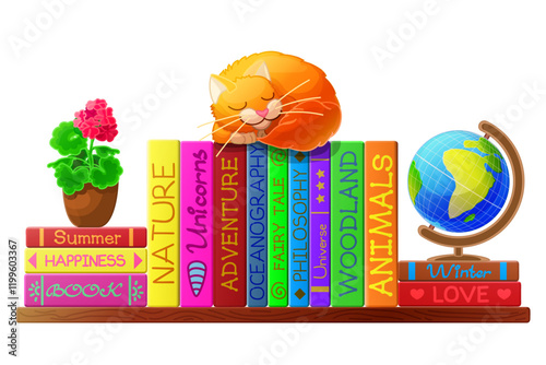 vector cartoon illustration. Books spines on shelf. Clip art isolated on transparent background. Hand drown design element. 