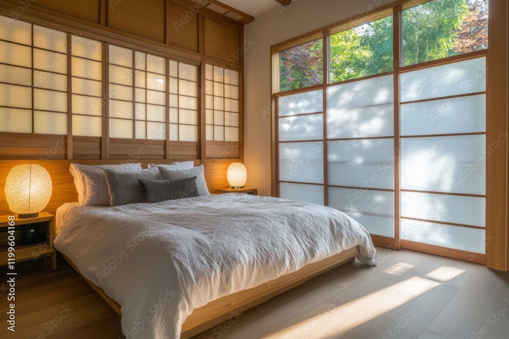 Fototapeta premium Serene Bedroom With Wooden Shoji Screens And Natural Light