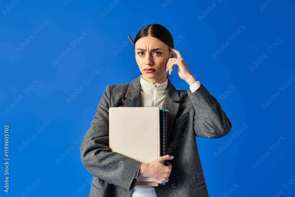 Conflicted young woman gazes thoughtfully while clutching a stack of folders, deep in thought. Conflicted young woman gazes thoughtfully while clutching a stack of folders, deep in thought.