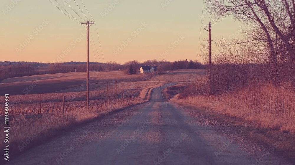 Rural Farmhouse Sunset Country Road Scene Rural Farmhouse Sunset Country Road Scene