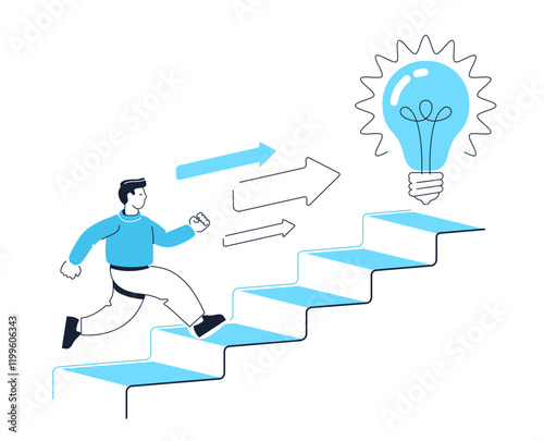 Successful ambitious man runs to light bulb, idea. Businessman runs up the stairs reaching his goal