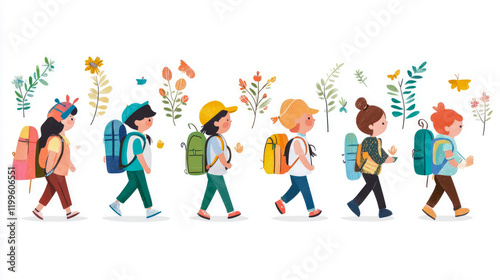 Kids Hiking Adventure: A Colorful Illustration of Children on a Nature Walk
