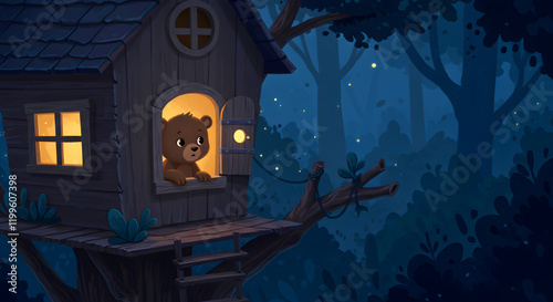 A Baby Bear Looking Out from a Treehouse in the Dark Forest 03