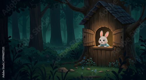 A Baby Bunny Looking Out from a Treehouse in the Dark Forest 02