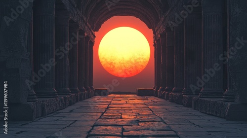 Enormous Sunset Viewed Through Ancient Stone Columns of a Temple Ruin