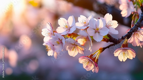 Close-Up of Cherry Blossom Branch in Full Bloom with Soft Sunlight Filtering Through the Petals        