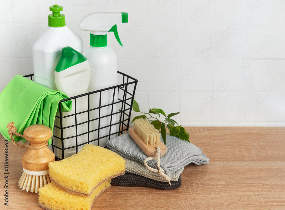 Eco friendly cleaning products in basket promoting sustainable lifestyle
