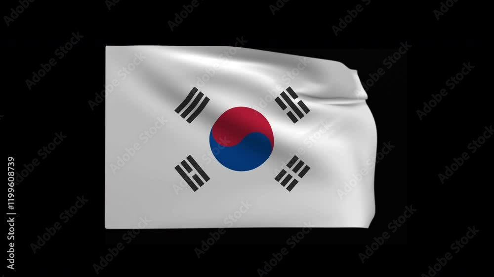 4k of south korea waving flag. isolated of south korea flag with black background