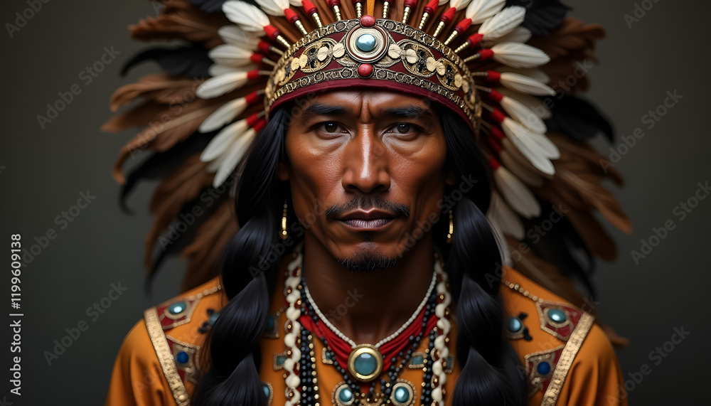 Gorgeous, high-contrast, close-up portrait of an American Indian chief proudly wearing an intricate, beaded and feathered traditional headdress
Gorgeous, high-contrast, close-up portrait of an American Indian chief proudly wearing an intricate, beaded and feathered traditional headdress