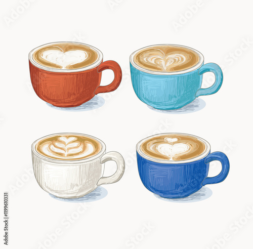 set of four different cups coffee heart latte art rosetta heart linear illustration drawing isolated on white background