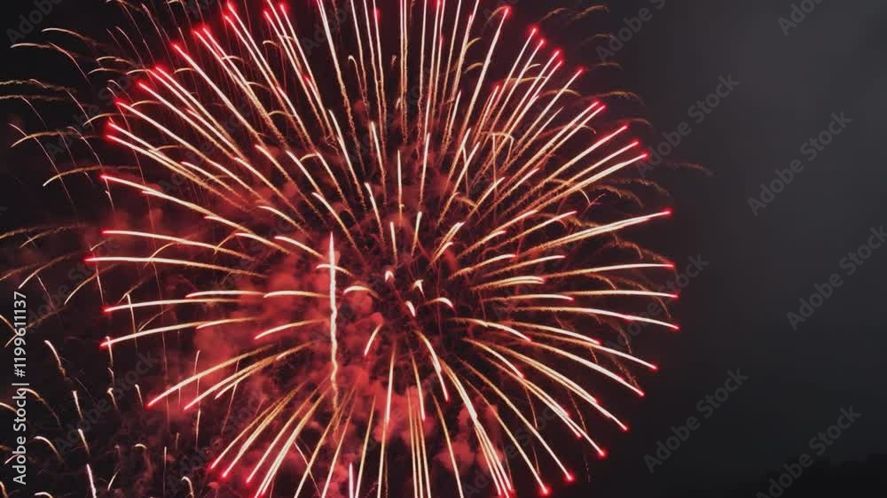 Crimson Fireworks Burst: A breathtaking burst of crimson and gold fireworks illuminates the night sky, creating a dazzling spectacle of light and color.