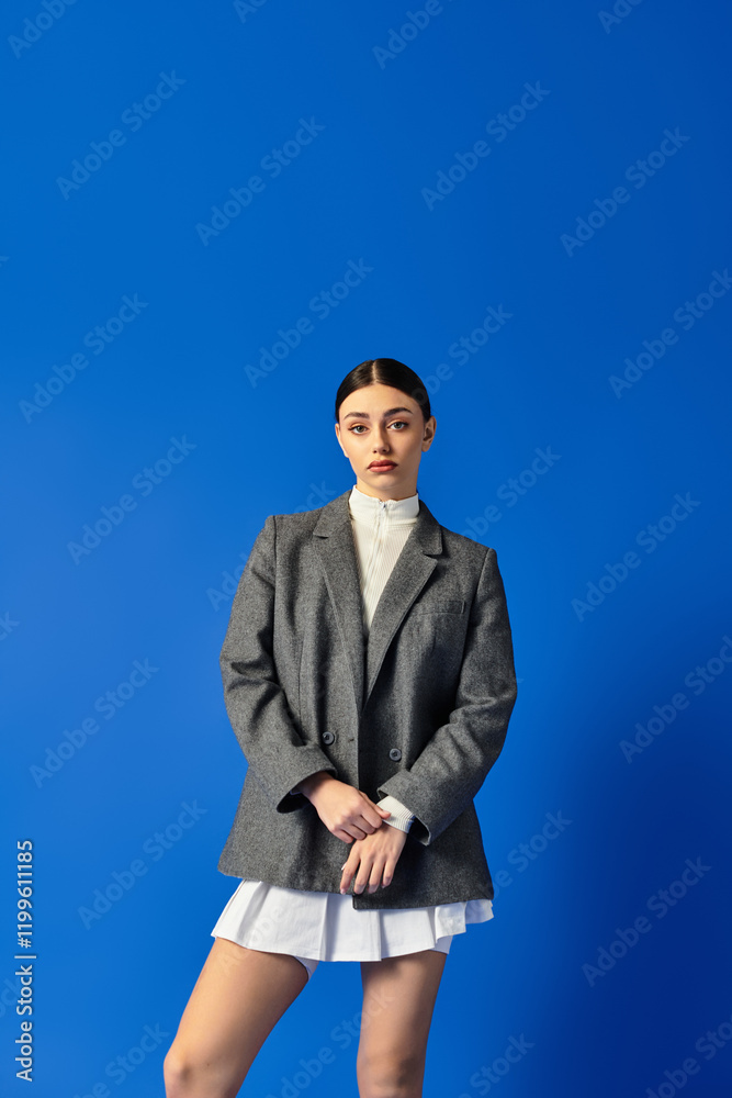 A young woman stands confidently, displaying her emotional depth in a chic outfit. A young woman stands confidently, displaying her emotional depth in a chic outfit.