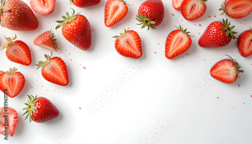 Fresh Strawberries Frame, White Background - Flat lay