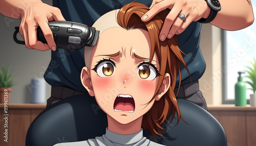 Illustration of the interior of a modern hairdressing salon. An anxious woman sits in a chair with half of her head shaved bald and the other half adorned with luxurious sandy brown hair.
