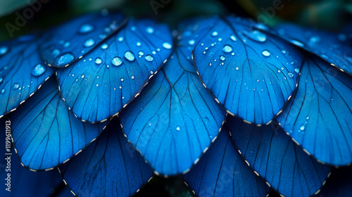 Close-up of Blue Morpho Butterfly Wings with Water Droplets: A Stunning Macro Shot photo