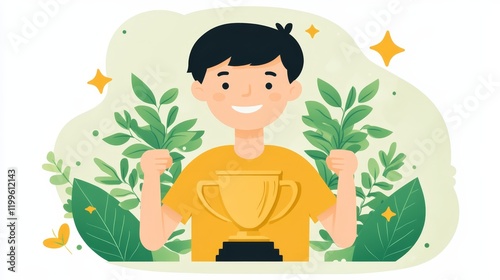 Triumphant man holds trophy and plant celebration of growth achievement victory