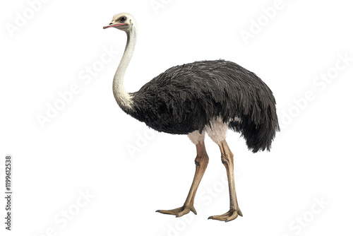Large ostrich standing on a white background showcasing its distinctive features and posture