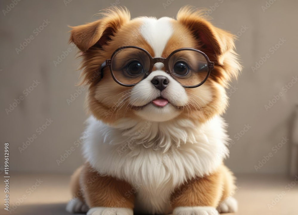 Fototapeta premium Adorable fluffy puppy wearing oversized glasses, humor, portrait, cute