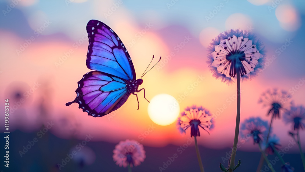 A beautiful blue butterfly gracefully flutters above a vibrant field filled with blooming dandelions as the sun begins to set in the background