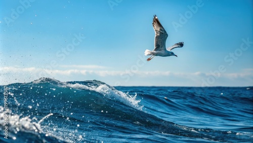 Against a brilliant blue sky, a seagull dives down from the heavens to skim across the surface of the Baltic Sea's waves, its feathers glistening with dew, nature photography, baltic sea