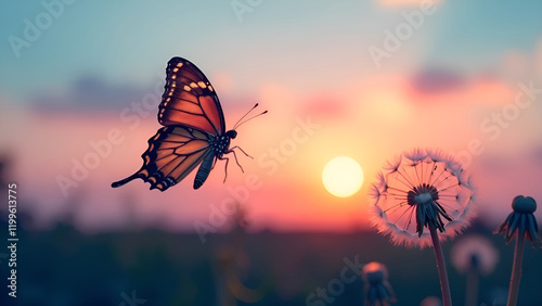 A beautiful butterfly gracefully flutters above a vibrant field filled with blooming dandelions as the sun begins to set in the background