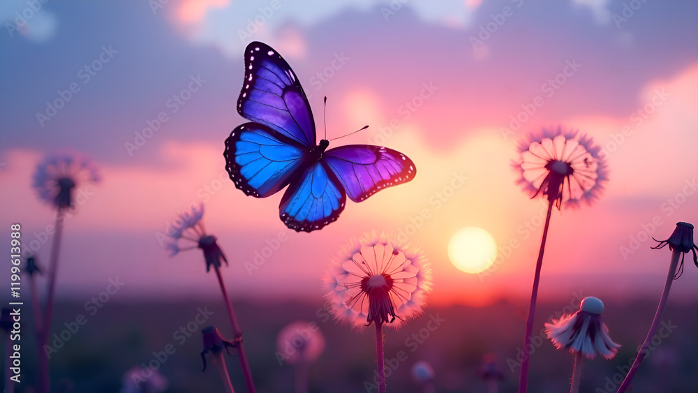 A beautiful blue butterfly gracefully flutters above a vibrant field filled with blooming dandelions as the sun begins to set in the background