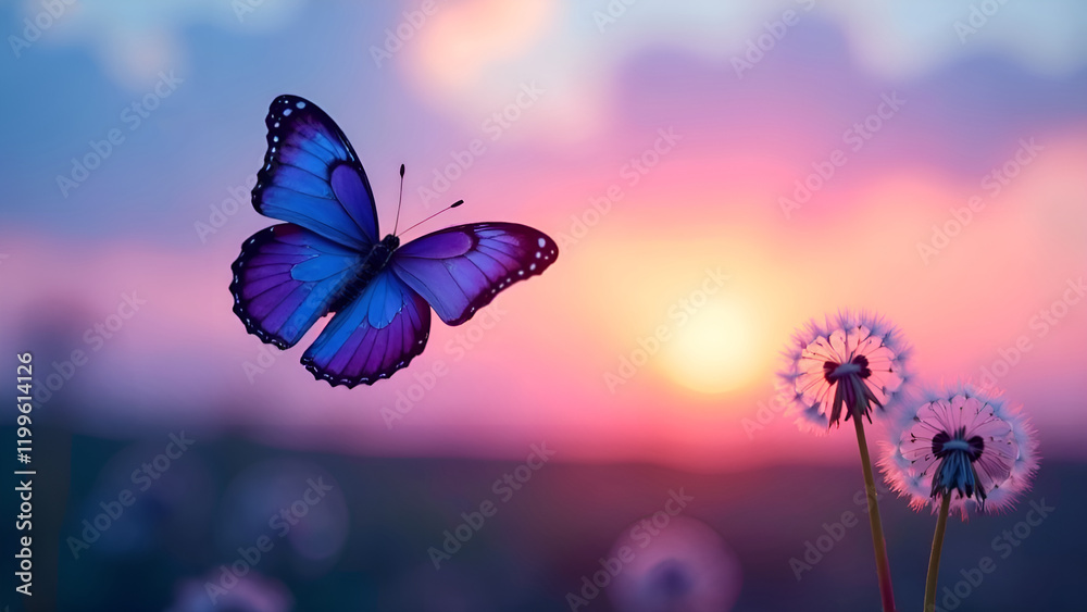A beautiful blue butterfly gracefully flutters above a vibrant field filled with blooming dandelions as the sun begins to set in the background