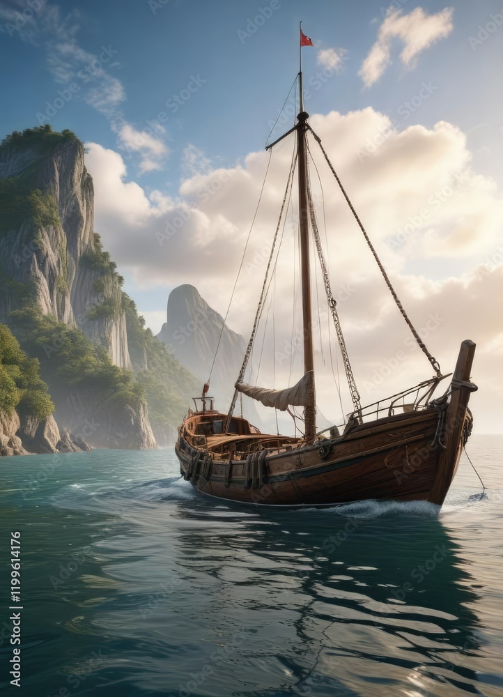 Alter Segelboot mit markantem Anker und Holzschiffsgeschirr, wooden rigging, marine, boat anchor Alter Segelboot mit markantem Anker und Holzschiffsgeschirr, wooden rigging, marine, boat anchor