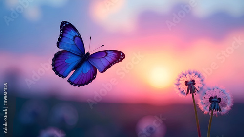 Obraz na płótnie A beautiful blue butterfly gracefully flutters above a vibrant field filled with blooming dandelions as the sun begins to set in the background w salonie