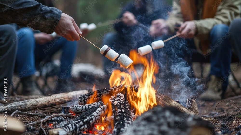Fototapeta premium Campfire Gathering: Roasting Marshmallows Under the Night Sky
