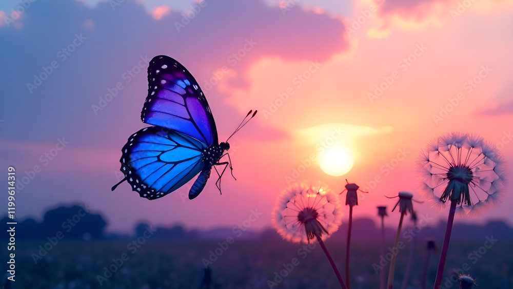 A beautiful blue butterfly gracefully flutters above a vibrant field filled with blooming dandelions as the sun begins to set in the background