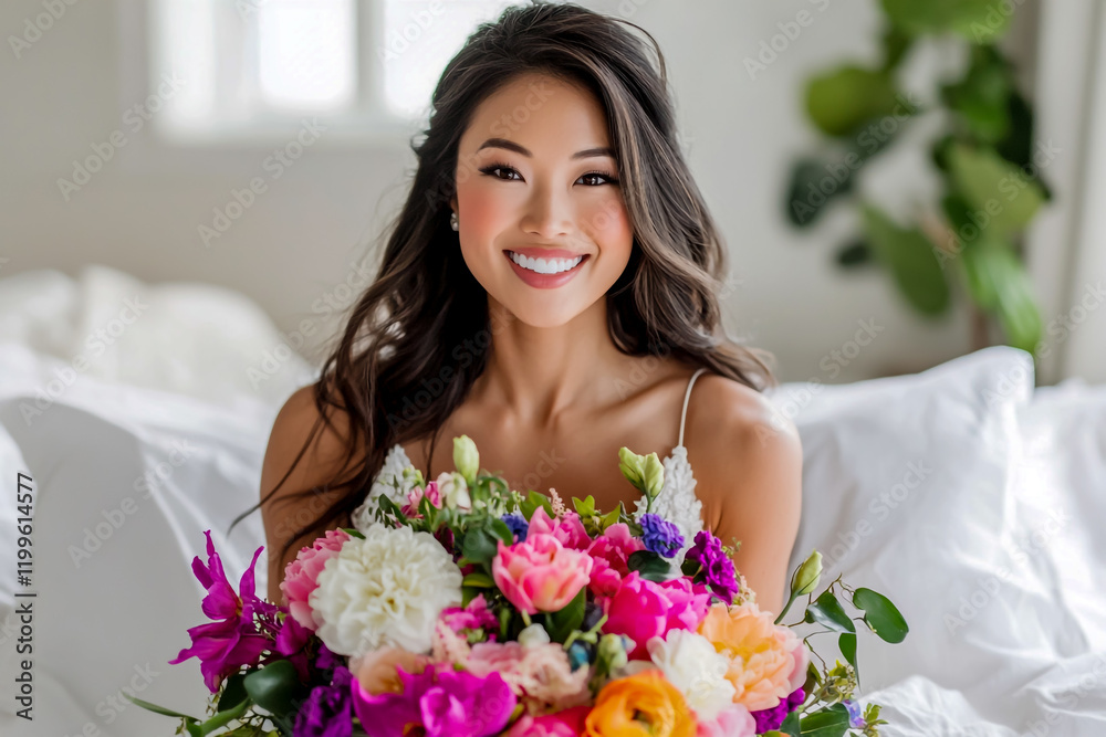 Bride in her wedding dress, holding colorful flowers and smiling at the camera with bright makeup Bride in her wedding dress, holding colorful flowers and smiling at the camera with bright makeup