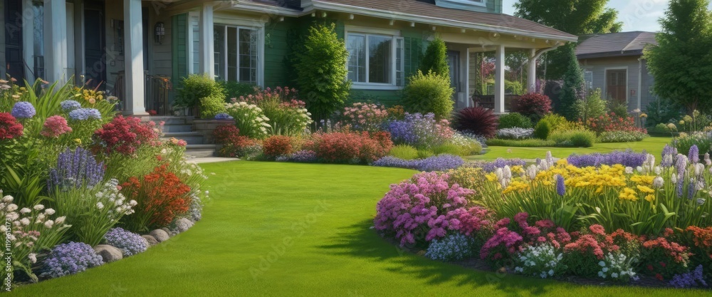 Fototapeta premium A sprawling front yard with lush green grass and colorful flowers surrounding the house , landscaping, peaceful surroundings