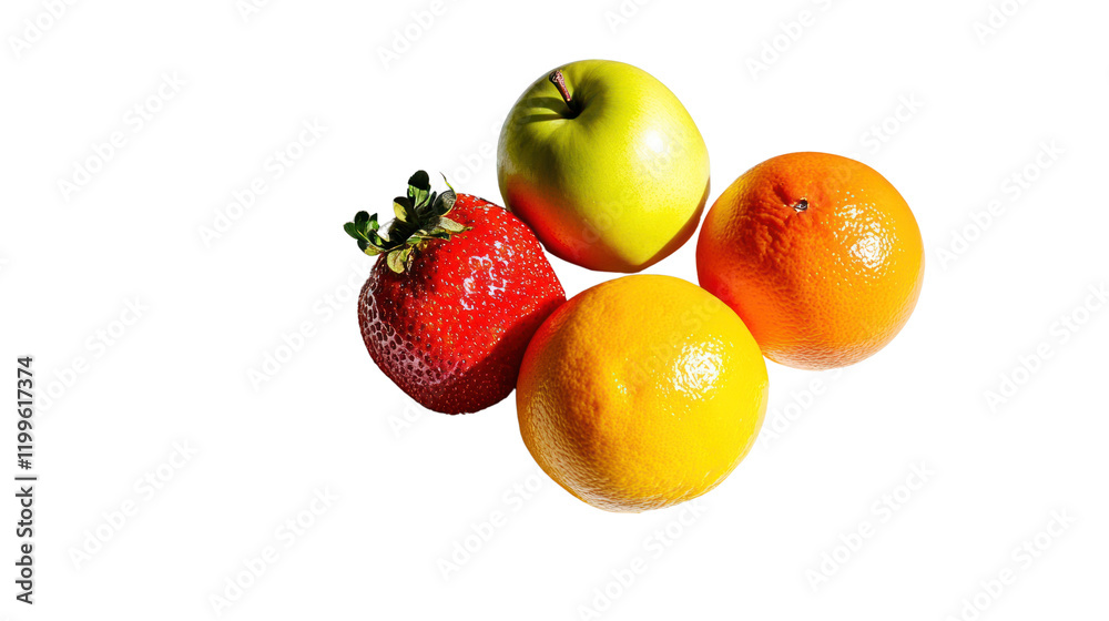 Fresh fruits including strawberries, oranges, apples, and lemons arranged beautifully against a white isolated background. Fresh fruits including strawberries, oranges, apples, and lemons arranged beautifully against a white isolated background.