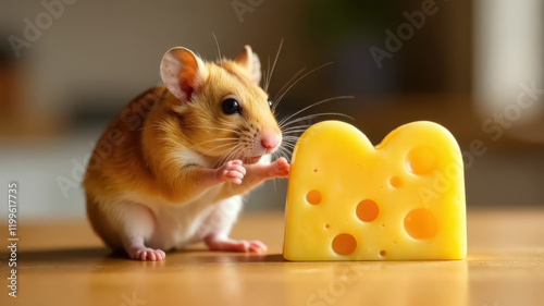 Mouse reaching for cheese on wooden surface in natural light. photo