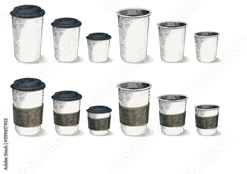 set of different types and sizes paper reusable hot drink beverage coffee cups linear sketch drawing style disolated on white background