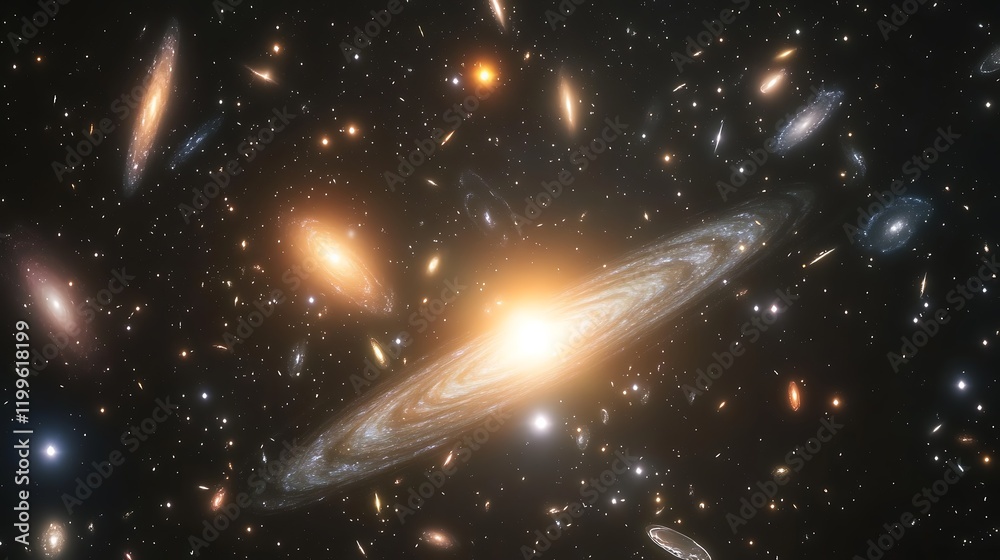 Obraz premium Cosmic Dance: A Galaxy Cluster's Majestic Display