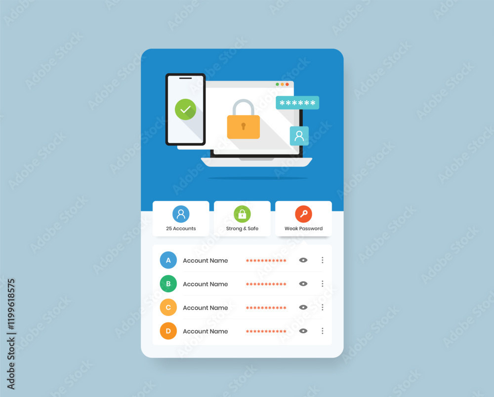 Security, safety and password management representative simple flat illustration with app concept Security, safety and password management representative simple flat illustration with app concept