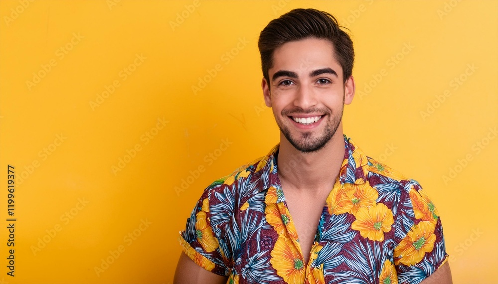 Fototapeta premium Smiling man in floral shirt against yellow background 