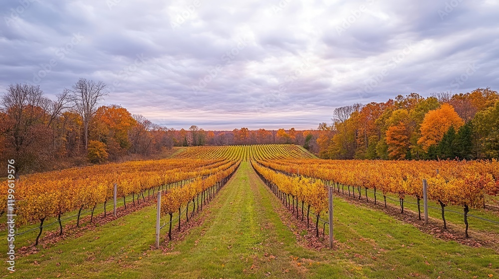 Naklejka premium Autumnal Vineyard Rows Under Cloudy Sky
