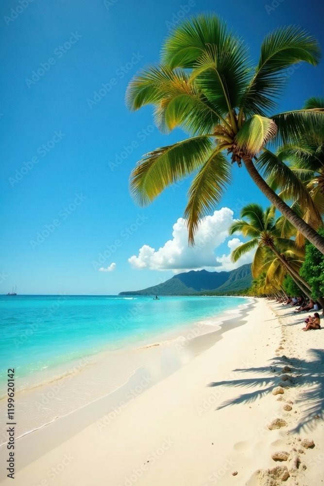 Warm sandy beach with swaying palm trees and crystal clear turquoise water , water, summer Warm sandy beach with swaying palm trees and crystal clear turquoise water , water, summer