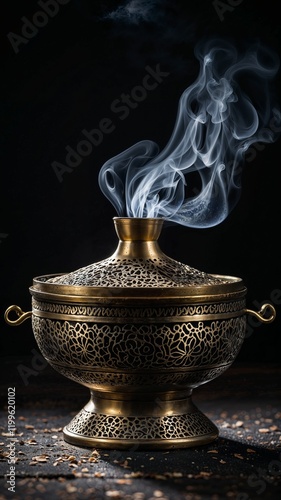 Close-up dramatic photo of a mabkhara emitting smoke on the table which was used by ancient people as a room freshener. photo