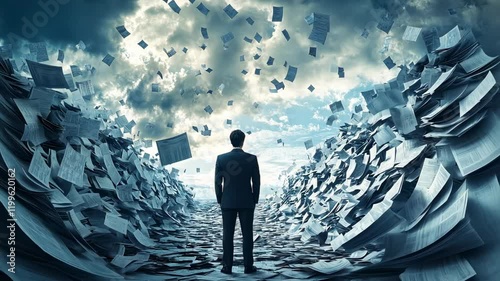 Businessman Facing a Mountain of Paperwork, person, documents, files, papers, overwhelmed