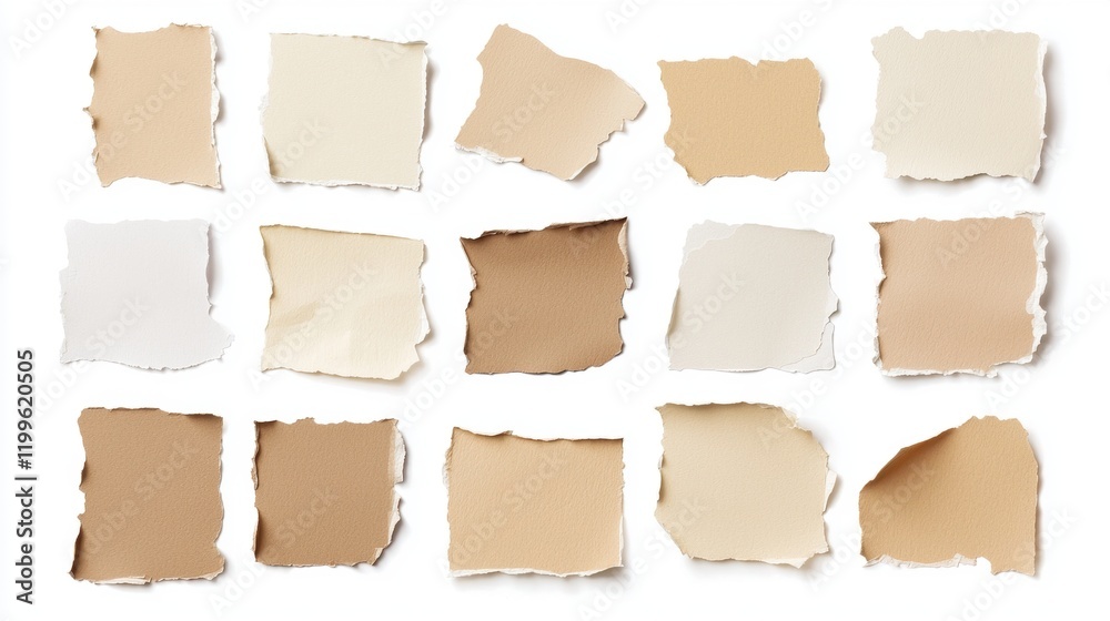 Fototapeta premium Variety of Torn Paper Pieces in Beige and White Tones for Background and Design